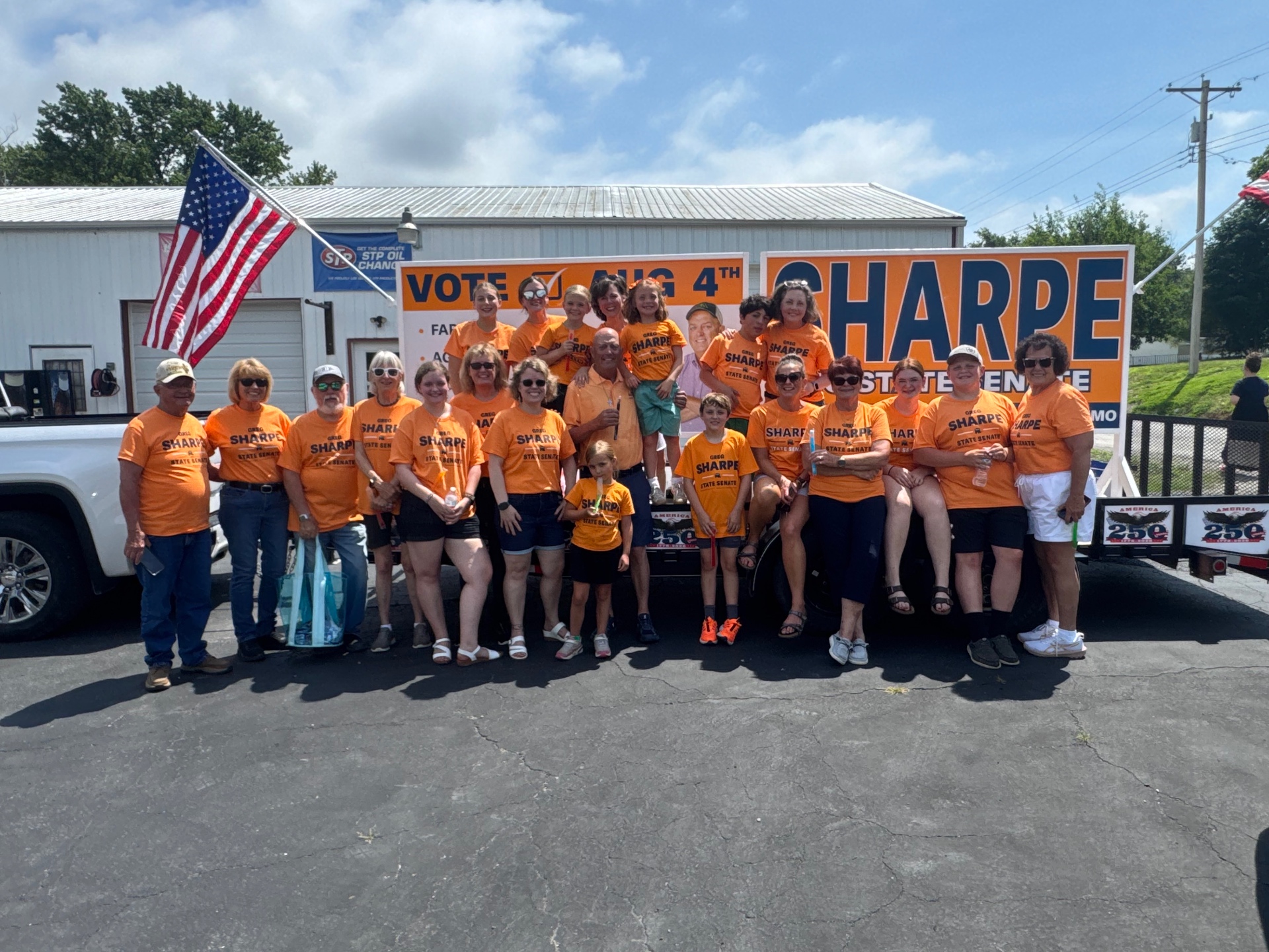 Greg Sharpe and family at a Northeast Missouri parade with supporters in Sharpe State Senate shirts