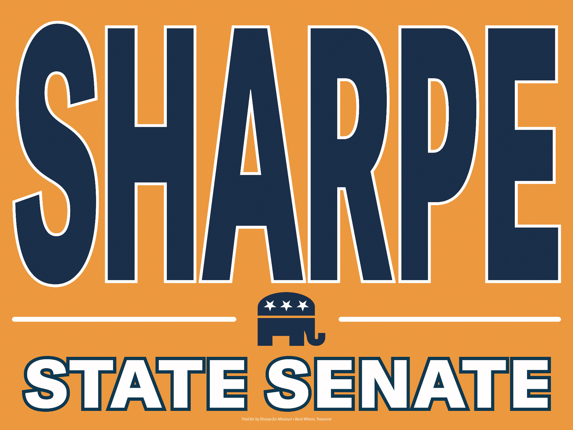Sharpe for State Senate yard sign in navy and orange with Republican elephant